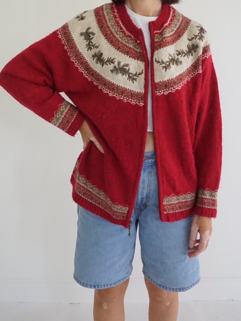 Vintage Croft & Barrow Red Cream Pinecones Holly Fair Isle Christmas Cardigan XL